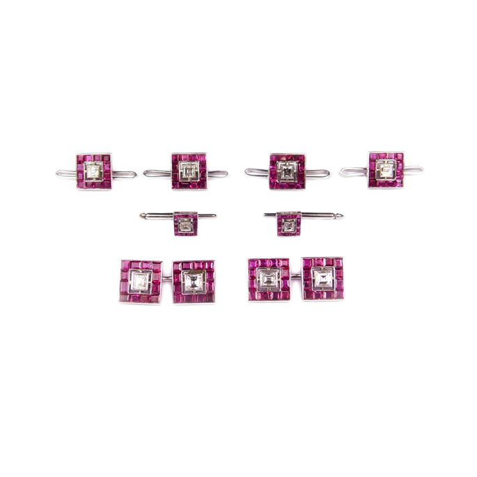 Ruby and diamond square panel gentleman&#39;s dress set, comprising a pair of cufflinks, four buttons and two studs | MasterArt